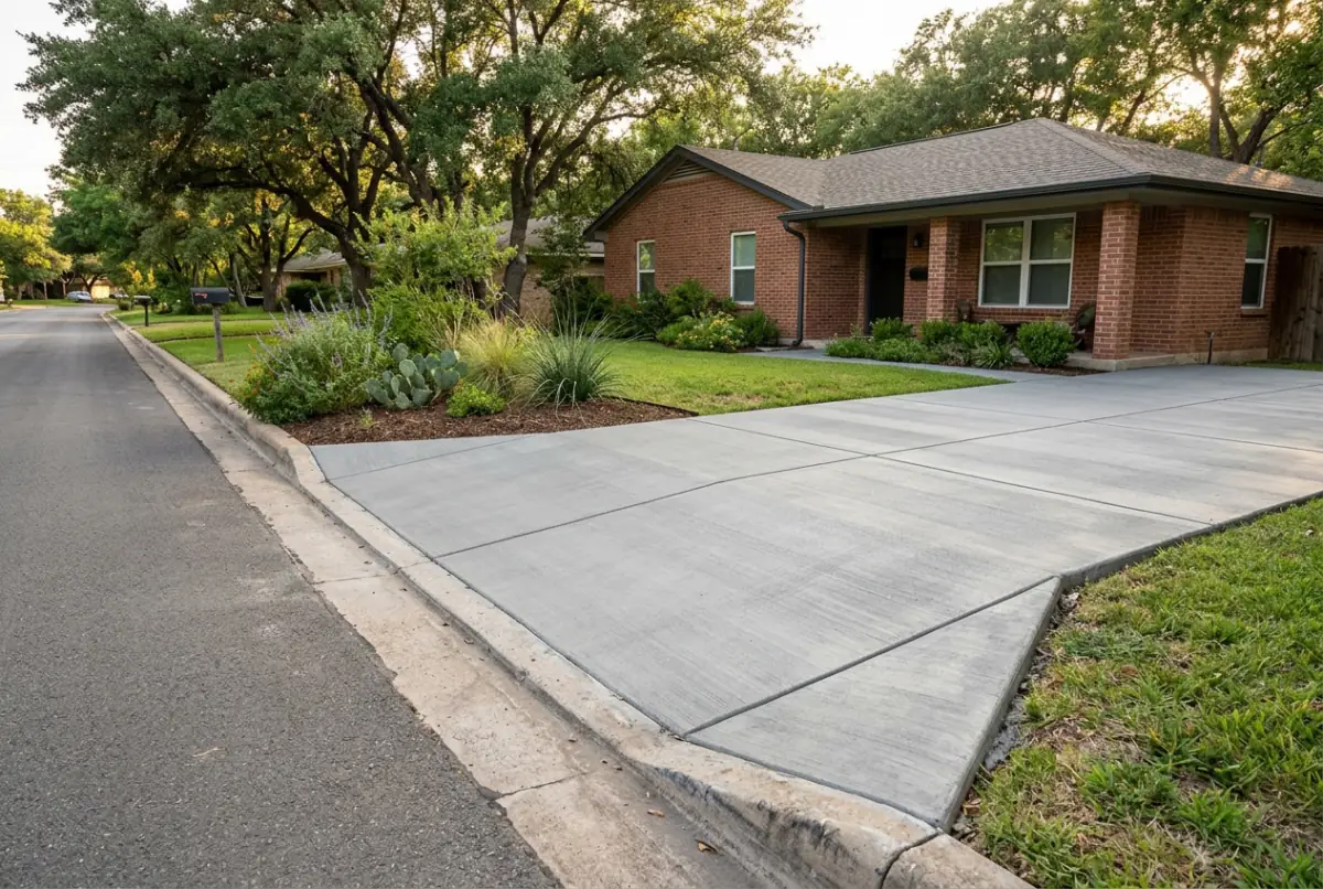 Broom finished concrete driveway with saw cut joints meeting the street curb