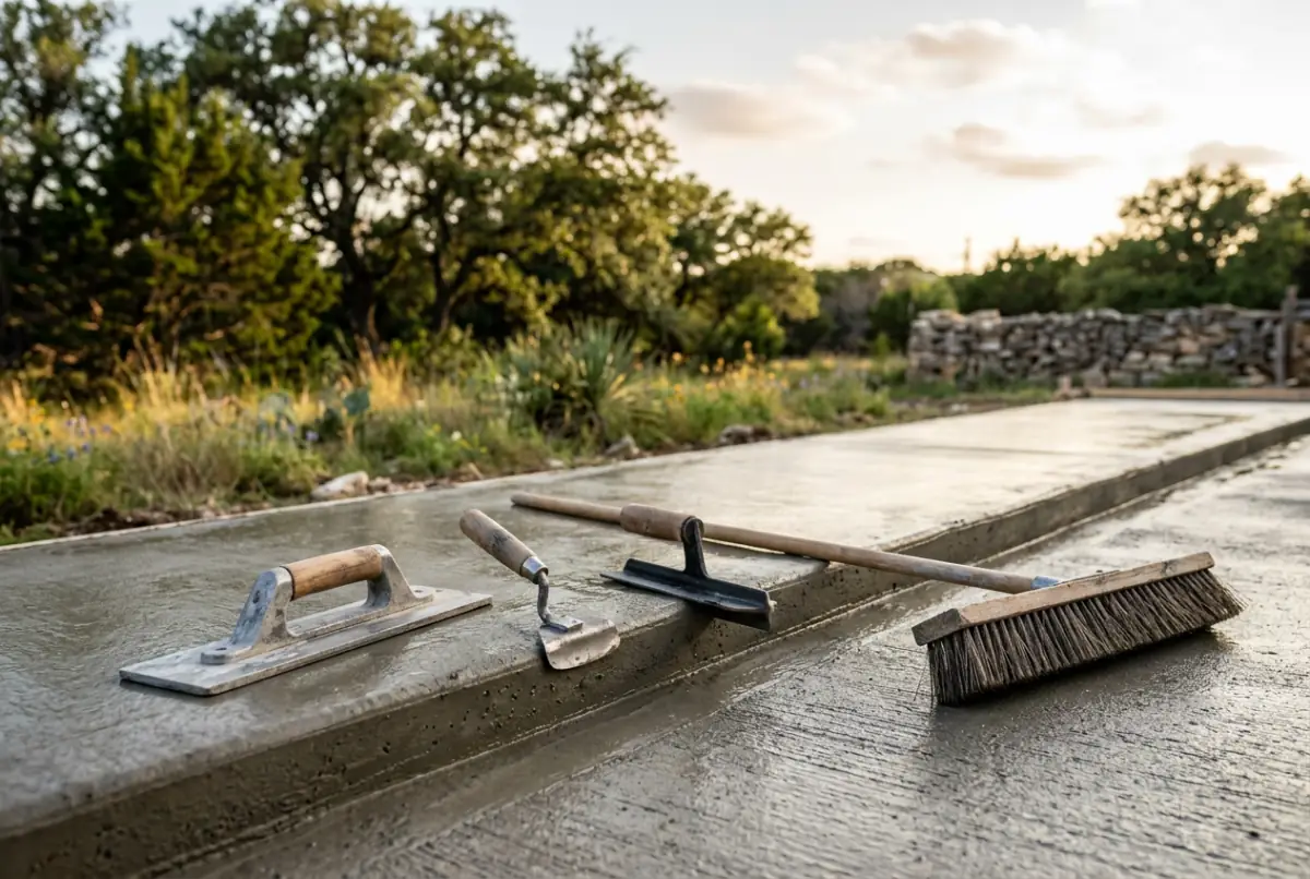 Hand float, edger, trowel and broom resting on a fresh concrete slab at sunset
